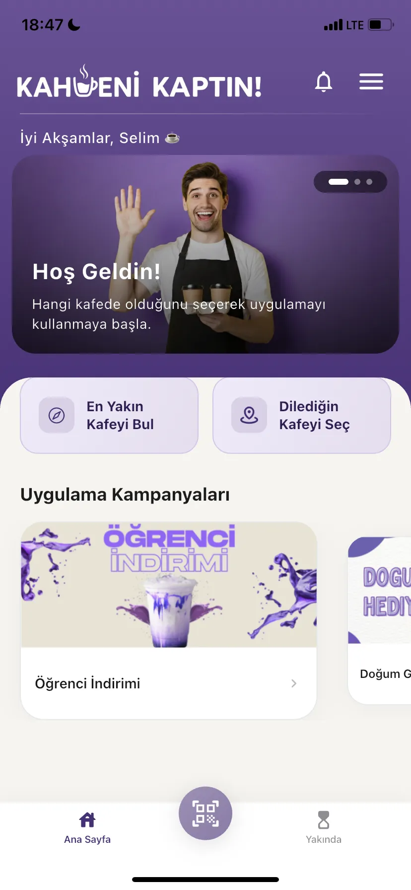 Kahveni Kaptın uygulaması ana ekranı