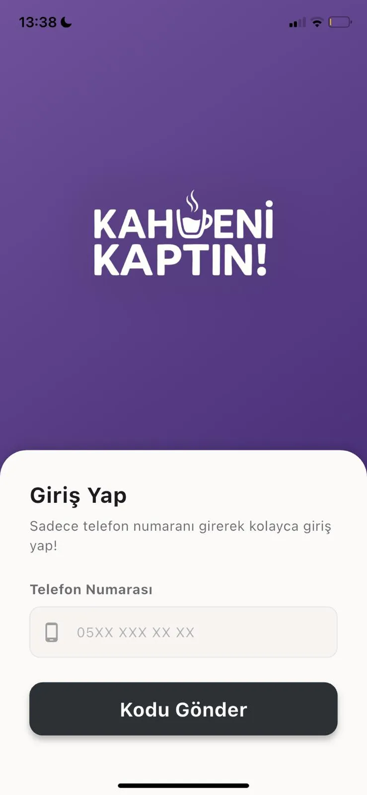Kahveni Kaptın hızlı giriş ekranı