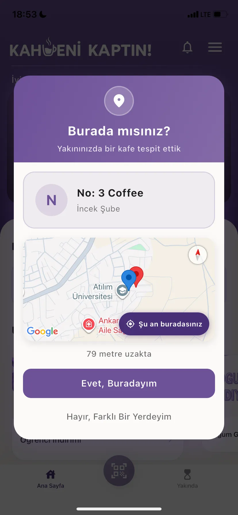 Kahveni Kaptın QR ve kampanya ekranı