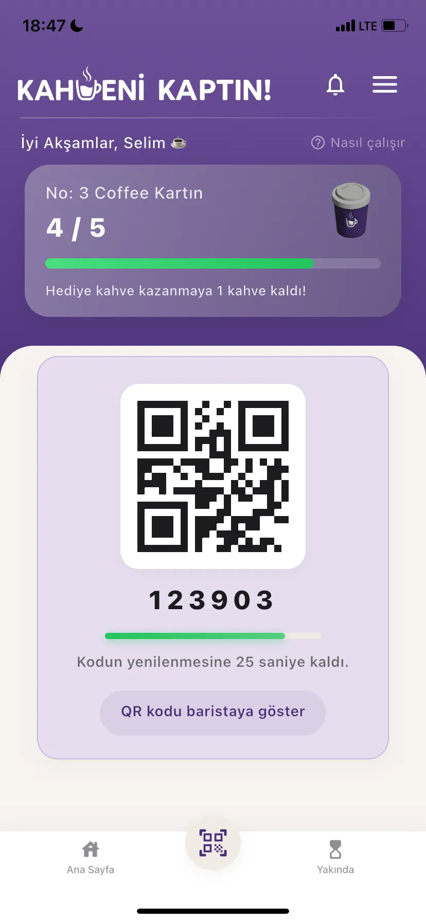 Kahveni Kaptın hediye kahve ekranı