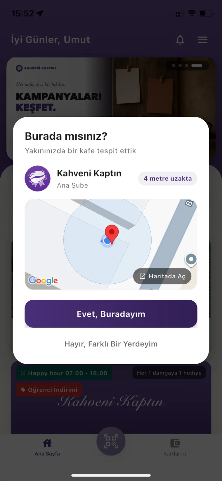 Kahveni Kaptın otomatik kafe tespiti: yakınınızda bir kafe bulundu, 4 metre uzakta