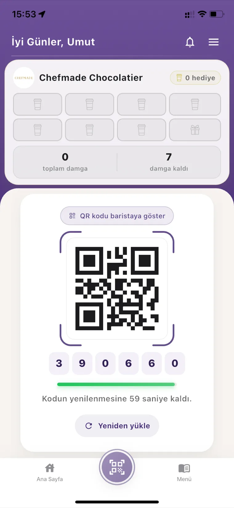 Kahveni Kaptın QR kodu ve tek kullanımlık kod ekranı