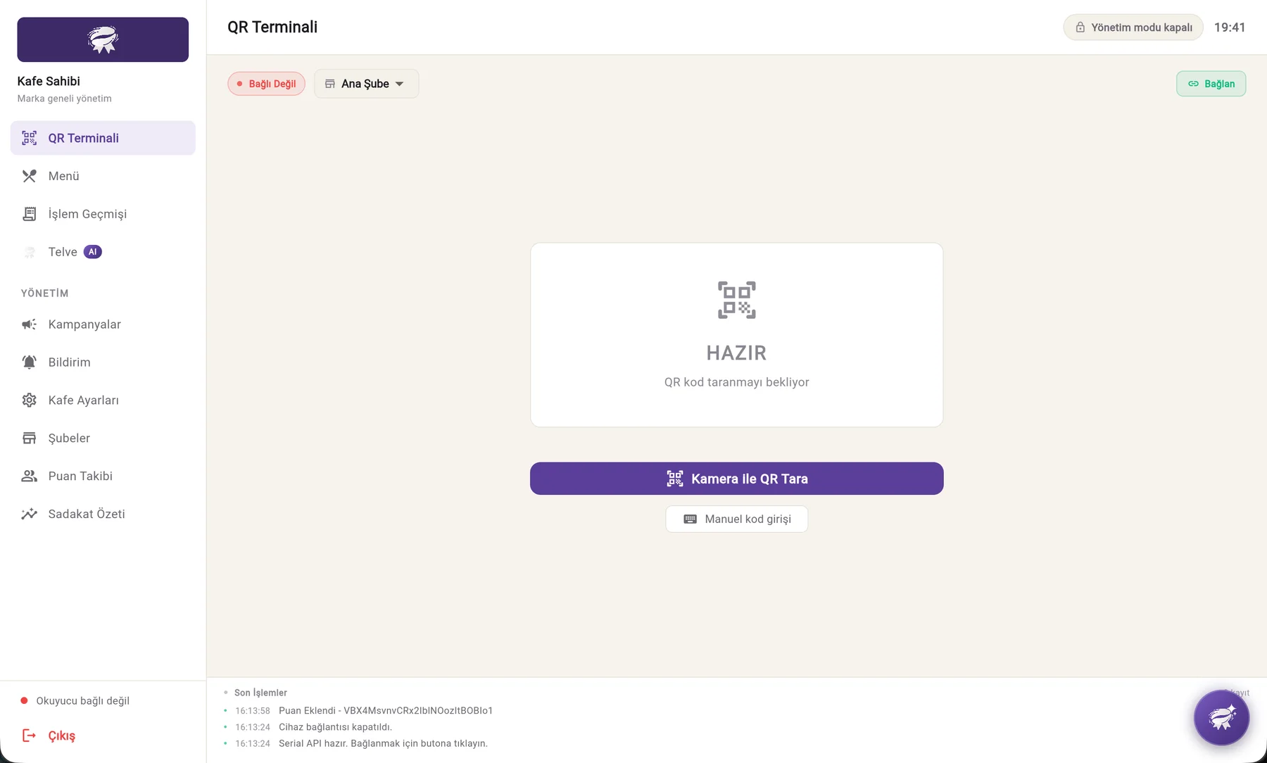 Kahveni Kaptın kafe yönetim paneli, QR Terminali ekranı